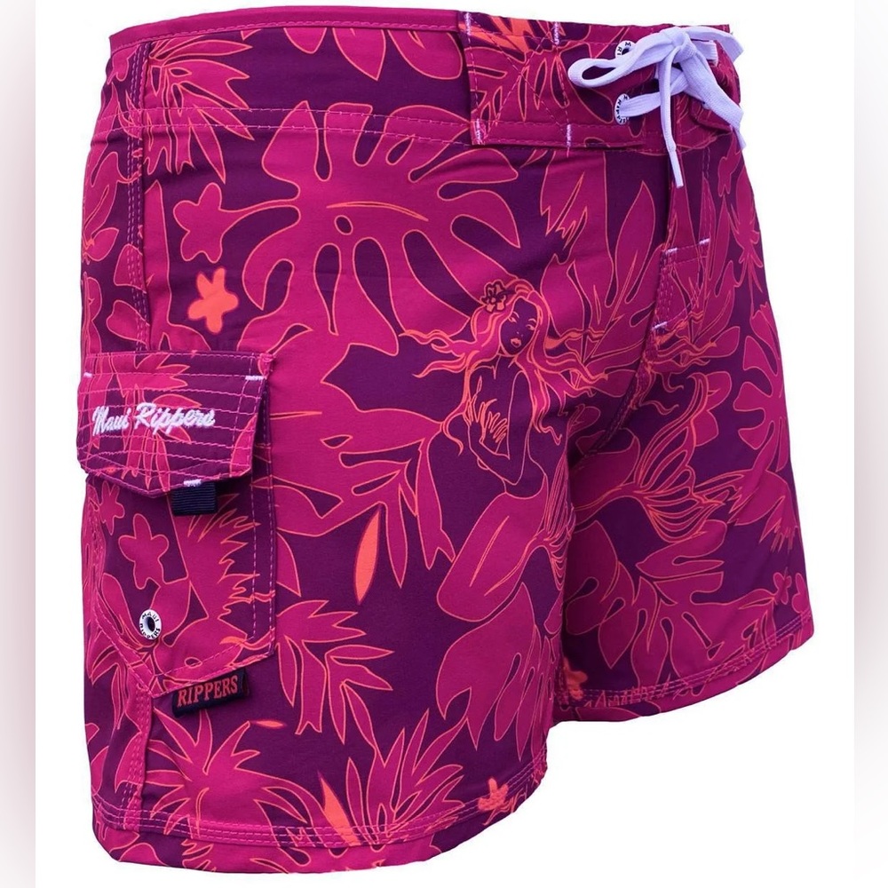 Maui Rippers Fuchsia Mermaid and Palm Tree Print Board Shorts